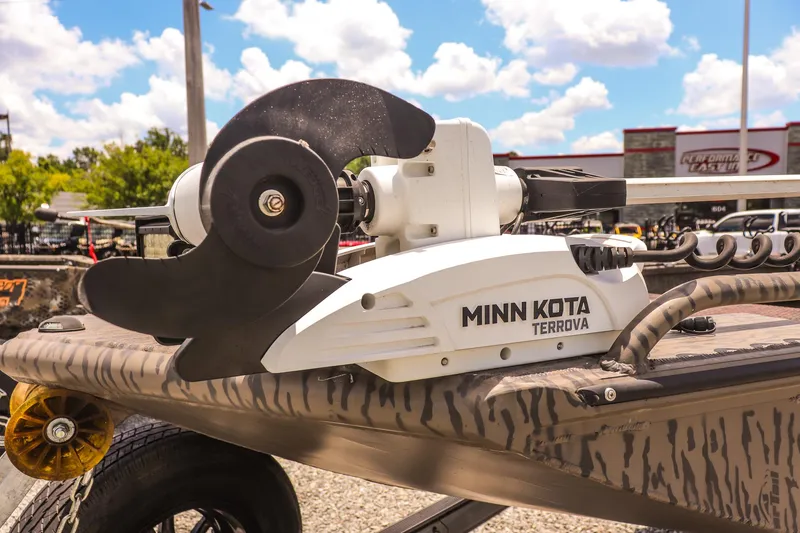 Slide: The Image of Minn Kota Terrova motor on 2022 Gator Tail 1860 Extreme Mod V boat. - 9