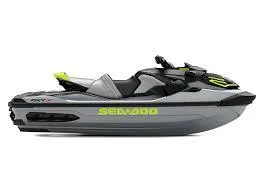 Slide: The Image of 2025 Sea-Doo RXT-X 325 jet ski, sleek design, side view, gray and yellow accents. - 2