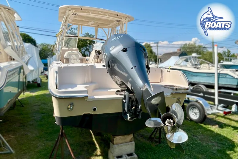 Slide: The Image of A Grady-White Freedom 255 boat on grass with an outboard motor. - 13