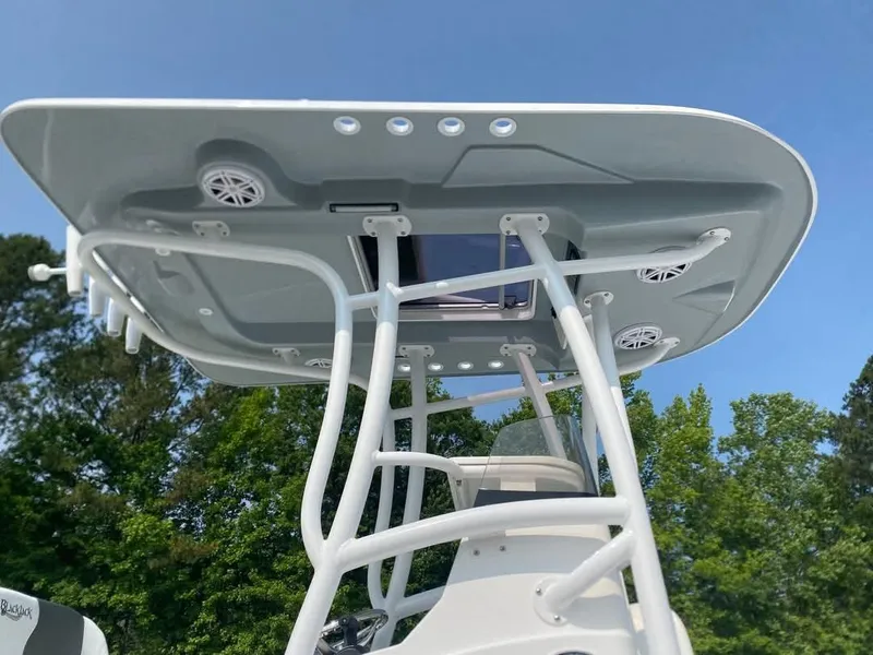 Slide: The Image of 2025 BlackJack 256 Bay boat with T-top and speakers against blue sky. - 3