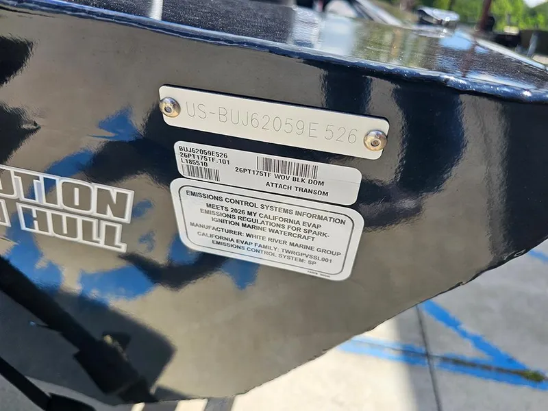 Slide: The Image of 2026 Tracker Pro Team 175 Crappie Edition boat hull identification and emissions label. - 24