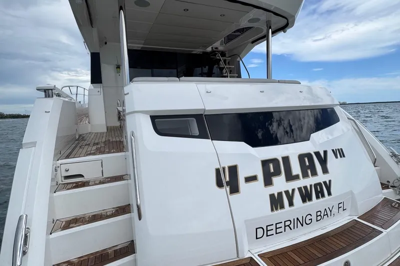 Slide: The Image of 2022 Sunseeker Manhattan 68 yacht, rear view, docked at Deering Bay, FL. - 25