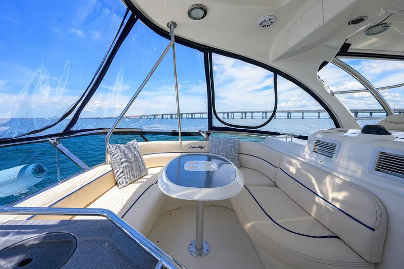 Slide: The Image of Luxurious interior of 2005 Sea Ray 52 Sedan Bridge yacht with ocean view. - 22