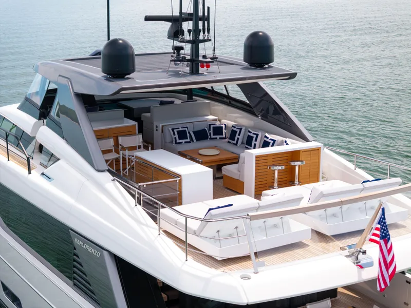 Slide: The Image of Luxurious 2024 Sanlorenzo SL90A yacht with elegant deck and seating area on the water. - 21