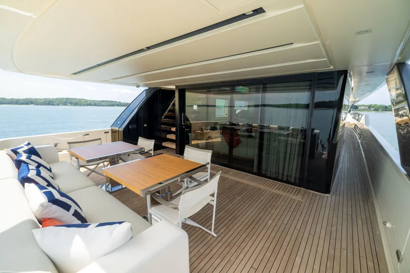 Slide: The Image of Luxurious 2024 Sanlorenzo SL90A yacht deck with elegant seating and ocean view. - 45