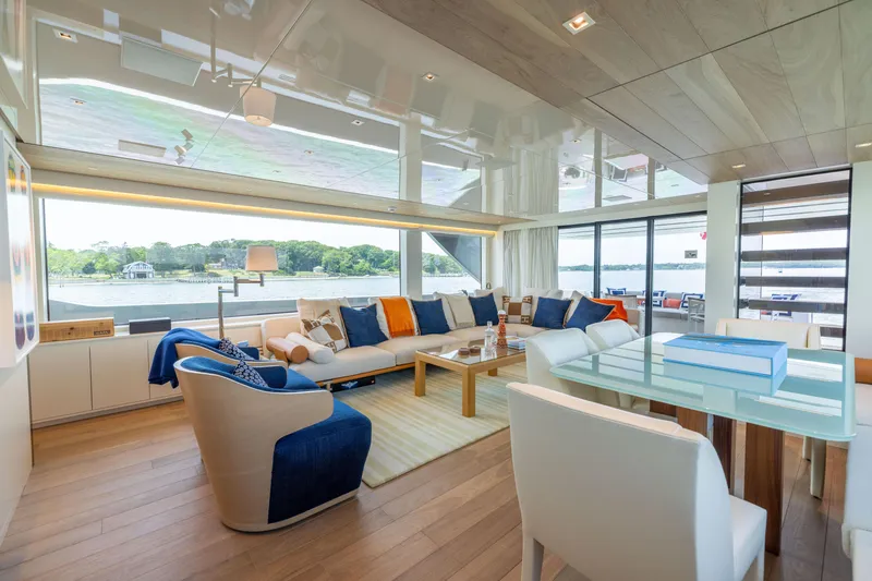 Slide: The Image of Luxurious interior of 2024 Sanlorenzo SL90A yacht with modern furnishings and scenic views. - 47