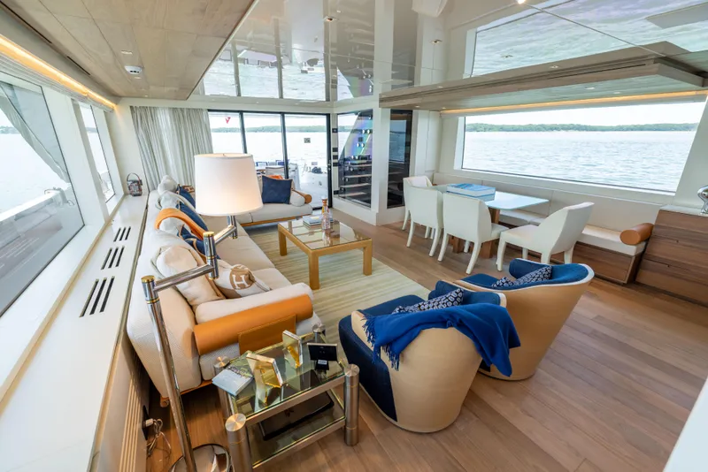 Slide: The Image of Luxurious interior of 2024 Sanlorenzo SL90A yacht with elegant seating and panoramic windows. - 48