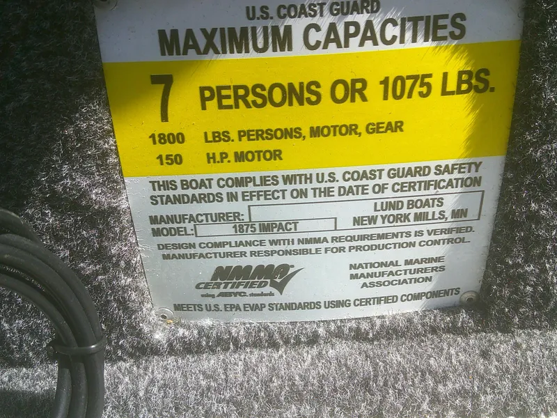 Slide: The Image of 2020 Lund 1875 Impact SS capacity label, 7 persons or 1075 lbs, U.S. Coast Guard certified. - 11