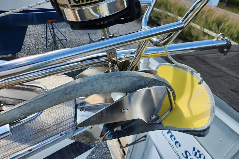 Slide: The Image of Bow of 2007 Hallberg-Rassy 37 yacht with anchor and stainless steel fittings. - 6