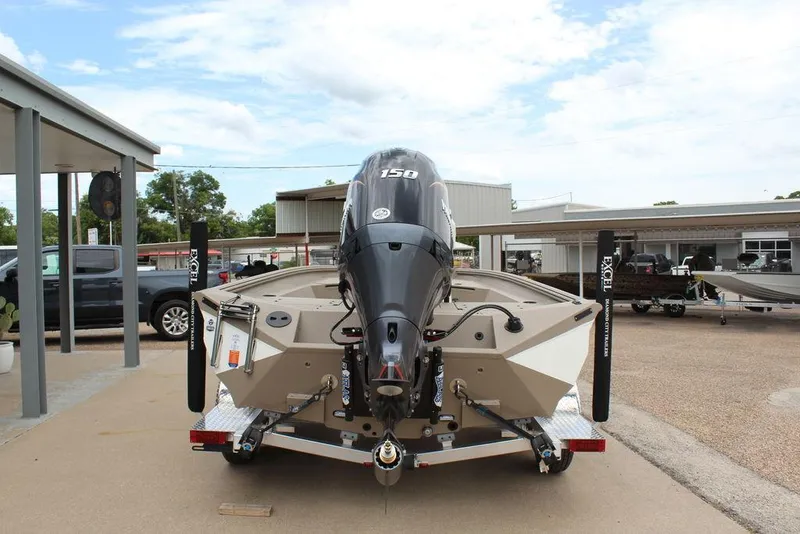 Slide: The Image of 2026 Excel Bay Pro Elite 203 boat on trailer, rear view with outboard motor. - 4
