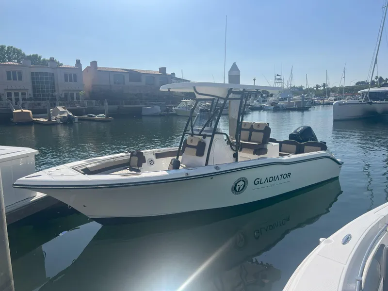 Slide: The Image of 2026 Reflex Gladiator 2400 boat docked in a marina under clear skies. - 3