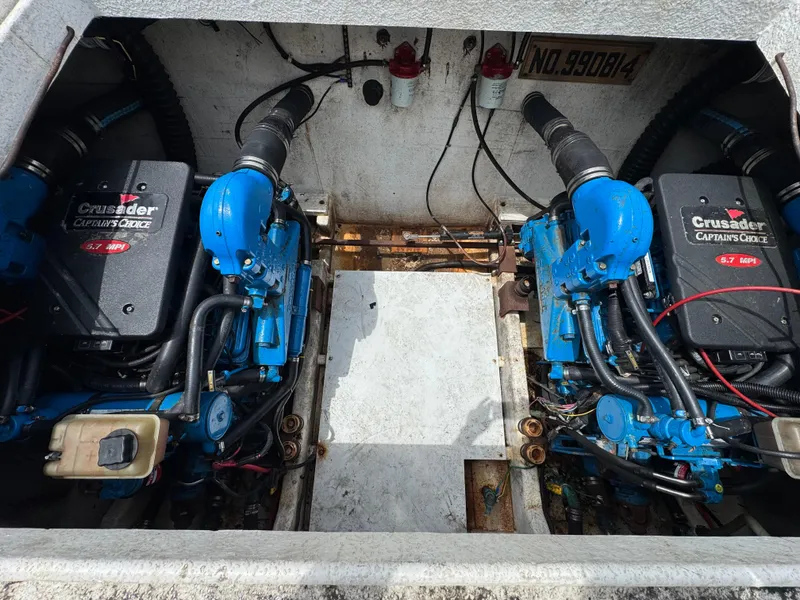 Slide: The Image of Engine compartment of a 1993 Gibson 37 Sport Series with Crusader Captain's Choice engines. - 19