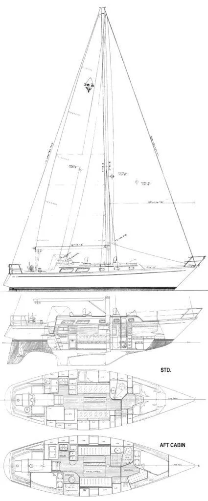 Slide: The Image of Blueprint of 1984 Bristol 38.8 sailboat, showing side view and interior layout with aft cabin. - 18