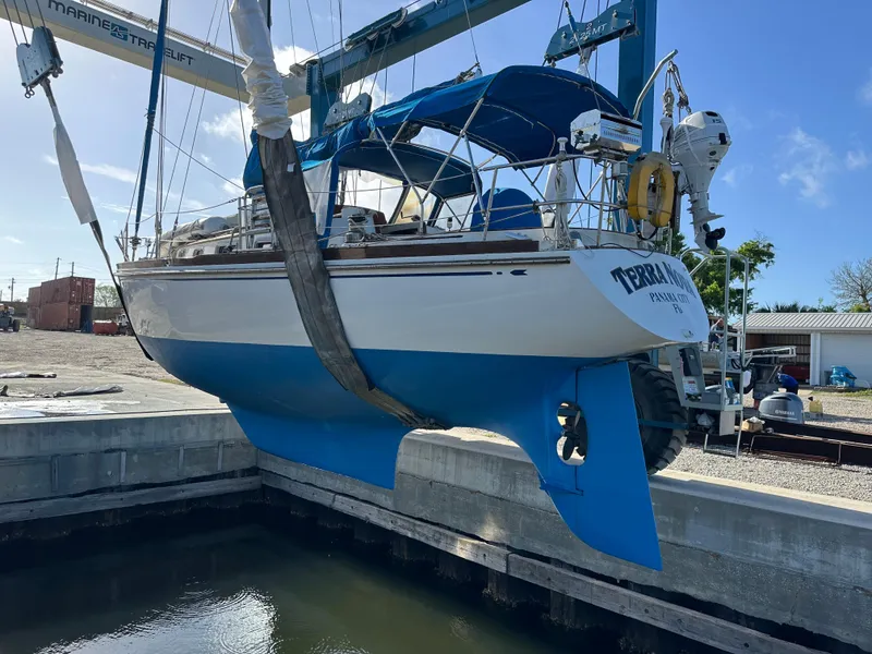 Slide: The Image of 1984 Bristol 38.8 sailboat in dry dock, blue hull, Panama City, FL. - 8