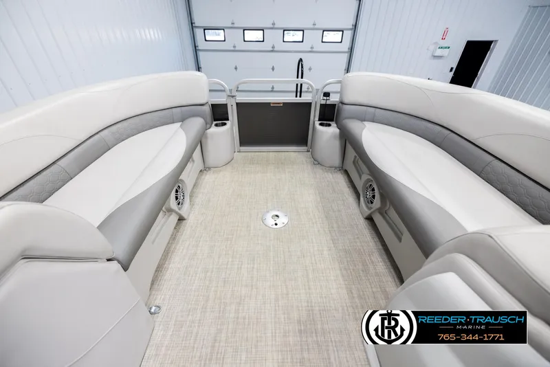 Slide: The Image of 2019 Avalon GS CR boat interior with beige seating and carpeted floor. - 18