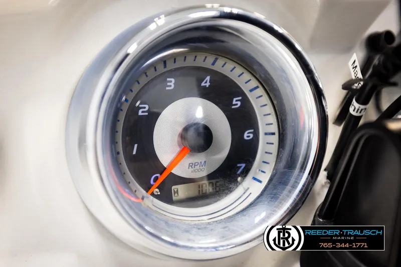 Slide: The Image of Close-up of 2019 Avalon GS CR tachometer displaying RPM, with Reeder Trausch Marine branding. - 33