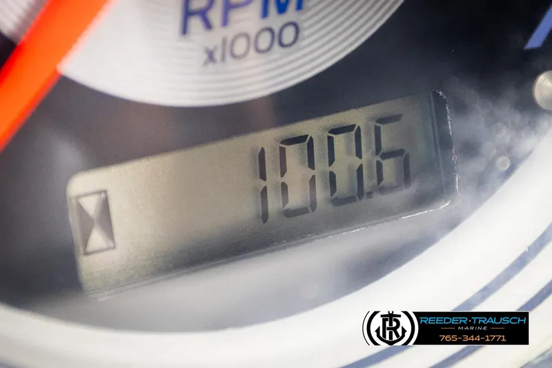 Slide: The Image of Close-up of Avalon GS CR 2019 RPM gauge displaying 100.6, Reeder-Trausch Marine branding. - 34