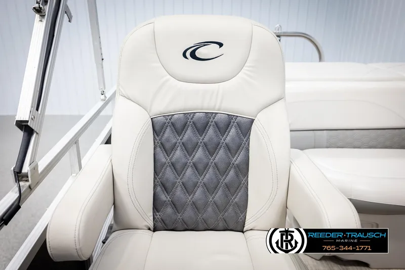 Slide: The Image of Luxurious Avalon GS CR 2019 boat seat with diamond-patterned upholstery and logo. - 41