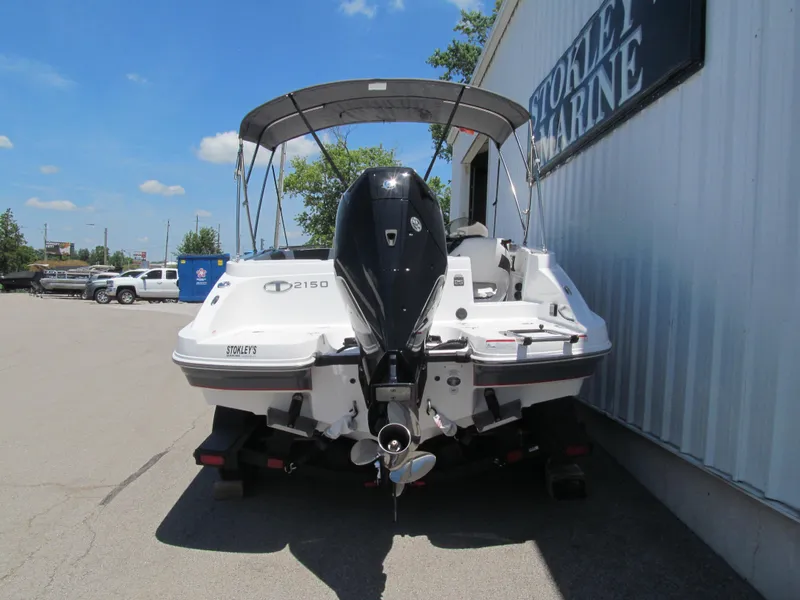 Slide: The Image of 2023 Tahoe 2150 boat at Stokley's Marine, rear view with outboard motor. - 4