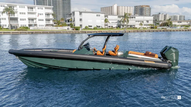 Slide: The Image of 2025 Skipper-BSK 38 boat on water, modern design, cityscape background. - 25