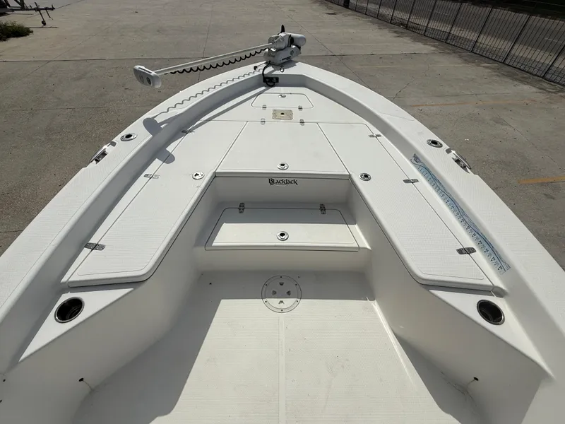 Slide: The Image of 2018 BlackJack 256 boat deck with storage compartments and trolling motor. - 15