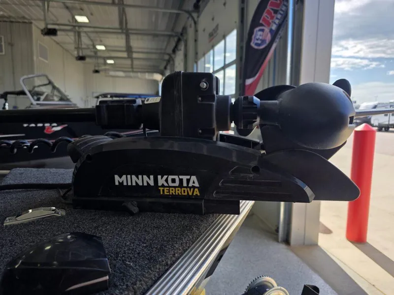 Slide: The Image of Minn Kota Terrova trolling motor on 2020 Lund 1600 Fury Tiller boat in showroom. - 10