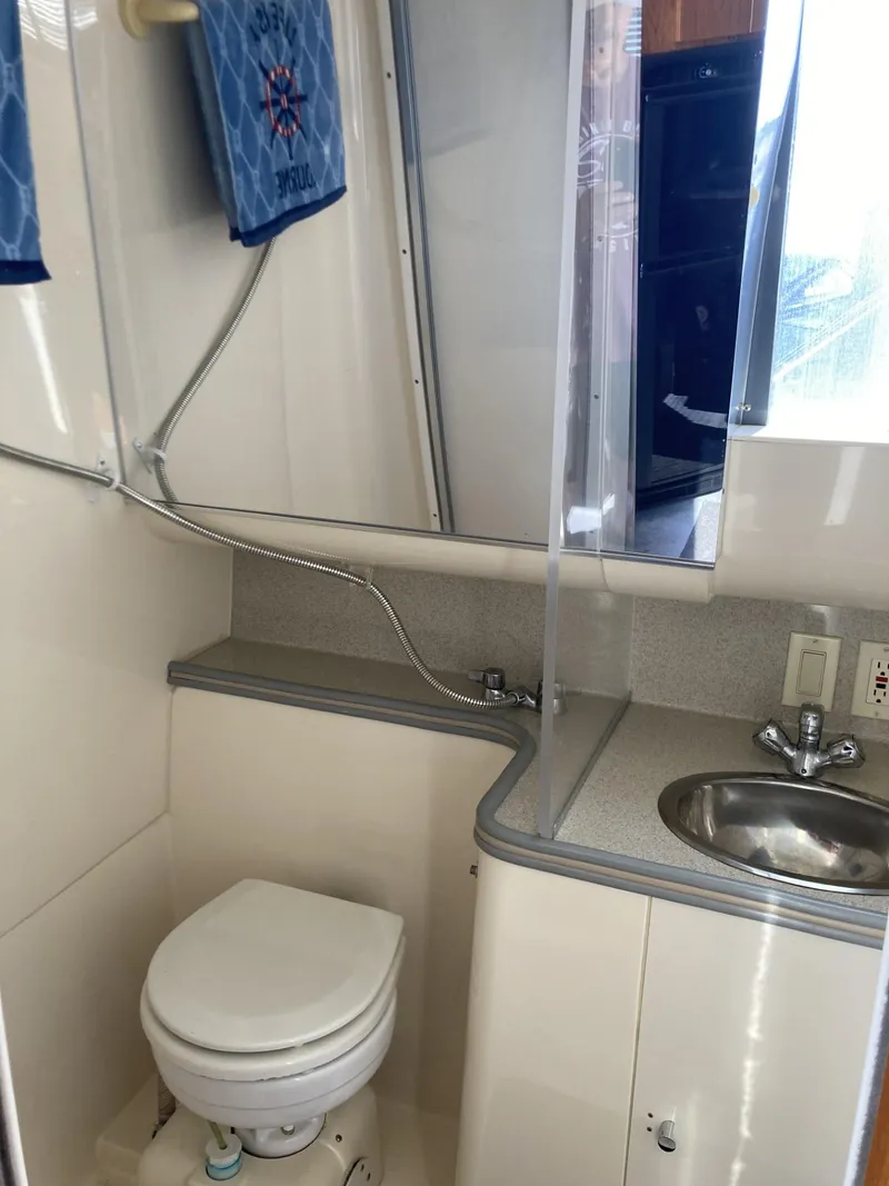 Slide: The Image of 1996 Carver 320 Voyager bathroom with toilet, sink, and mirror. - 17