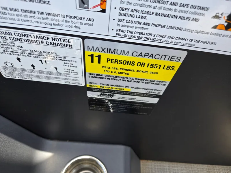 Slide: The Image of 2024 Manitou Cruise boat capacity label, maximum 11 persons or 1551 lbs. - 17