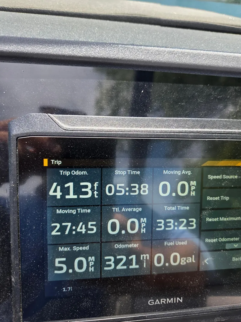 Slide: The Image of 2024 Manitou Cruise dashboard showing trip data on a Garmin display. - 20