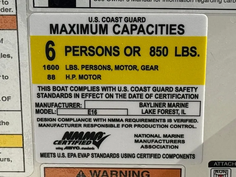 Slide: The Image of 2019 Bayliner Element E16 capacity label, 6 persons or 850 lbs, 88 HP motor. - 18