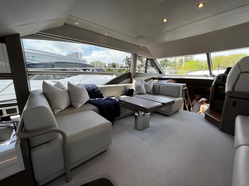 Slide: The Image of Luxurious interior of 2022 Princess F55 yacht with modern seating and panoramic windows. - 12