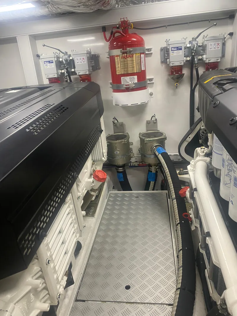 Slide: The Image of Engine room of 2022 Princess F55 yacht with fire suppression system and machinery. - 24