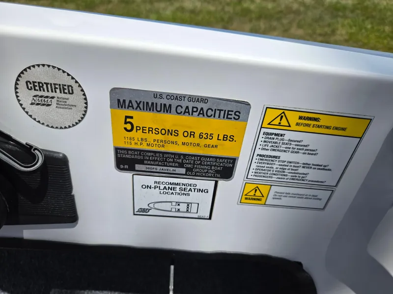 Slide: The Image of 1996 Javelin 360 FS boat capacity label, certified for 5 persons or 635 lbs. - 14