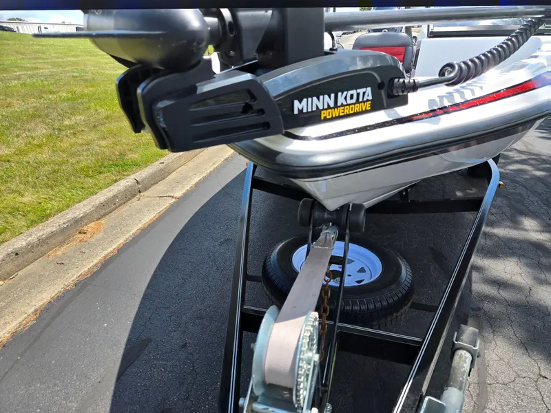 Slide: The Image of 1996 Javelin 360 FS boat with Minn Kota PowerDrive motor on trailer. - 7