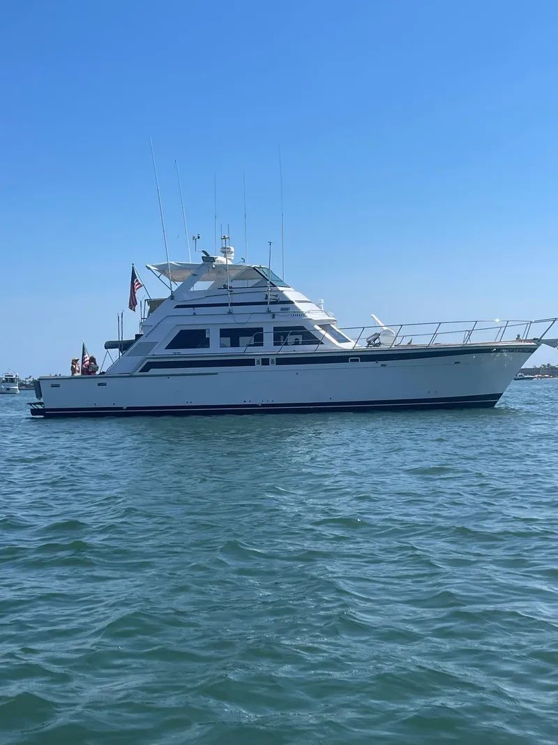 The Image of 1981 Bertram 58 Flybridge Motor Yacht on calm waters under clear blue sky. - 0