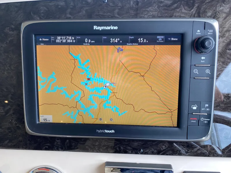 Slide: The Image of Raymarine navigation display on 2015 Sea Ray 470 Sundancer, showing detailed waterway map. - 22