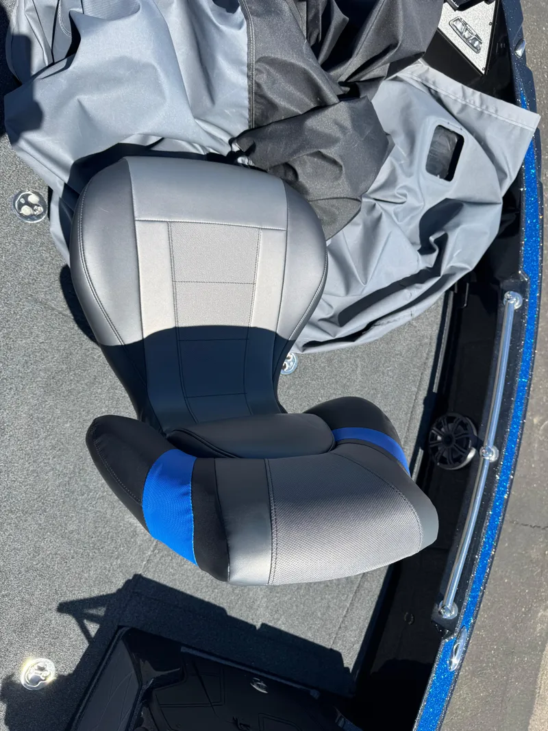 Slide: The Image of 2025 Nitro ZV20 Sport Pro boat seat with blue and gray upholstery. - 14