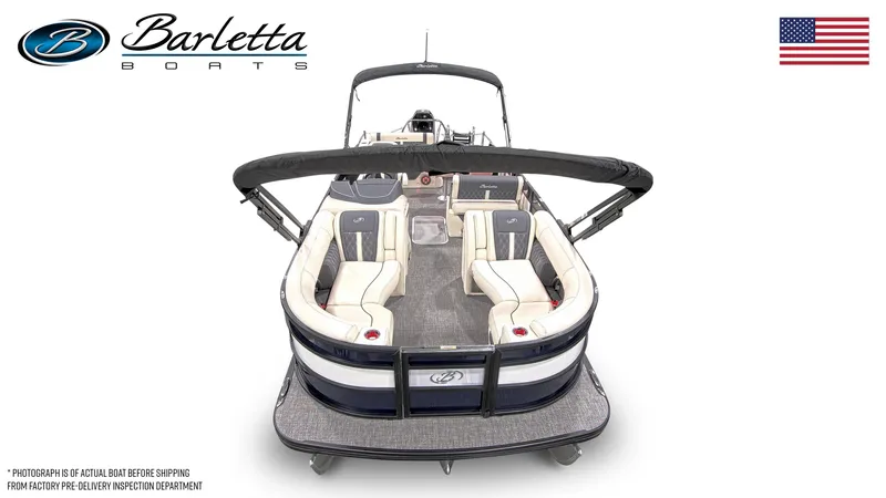 Slide: The Image of 2025 Barletta Lusso 25UE pontoon boat with luxurious seating and sleek design. - 2