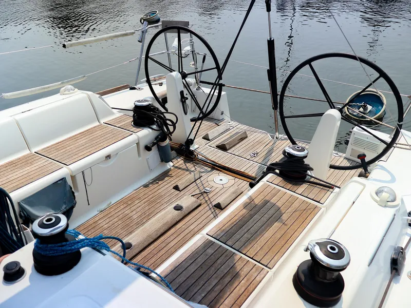 Slide: The Image of Cockpit of 2011 Dufour 40E Performance sailboat with dual steering wheels. - 19