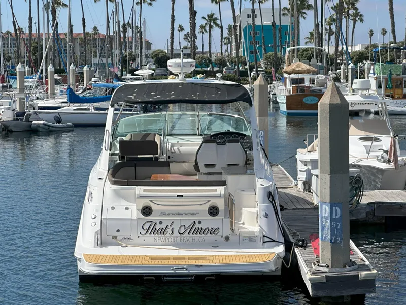 Slide: The Image of 2015 Sea Ray 350 Sundancer docked at Newport Beach marina. - 2