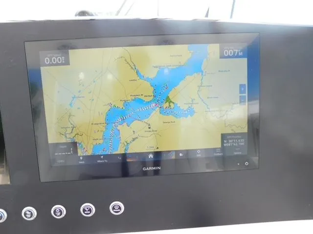 Slide: The Image of Garmin navigation display on 2024 Regulator 30XO boat, showing detailed marine map. - 22