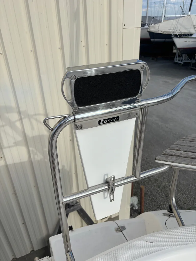 Slide: The Image of Stainless steel boat accessory on a 2001 Hunter 460 yacht, featuring Edson branding. - 45
