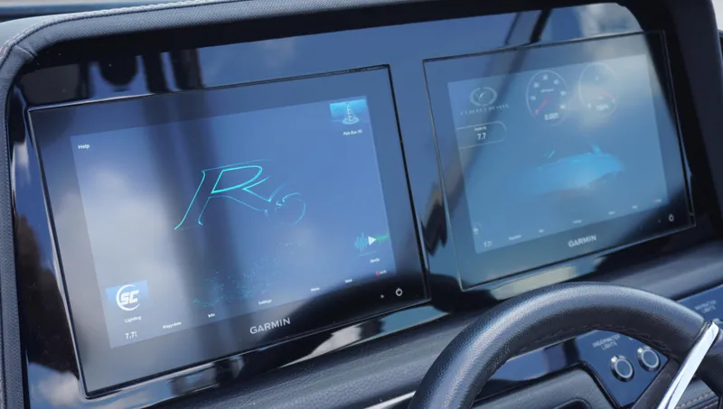 Slide: The Image of Dashboard of 2022 Cobalt R6 boat with dual Garmin displays. - 23