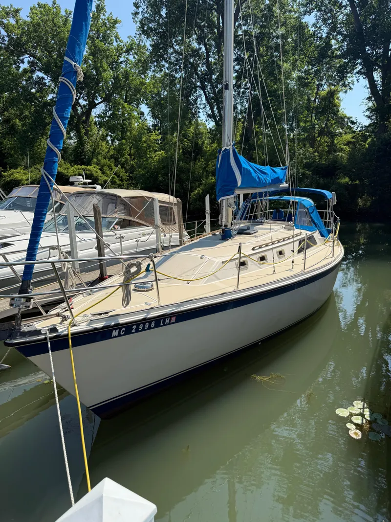 Slide: The Image of 1982 O'Day 34 sailboat docked in a serene marina setting. - 1