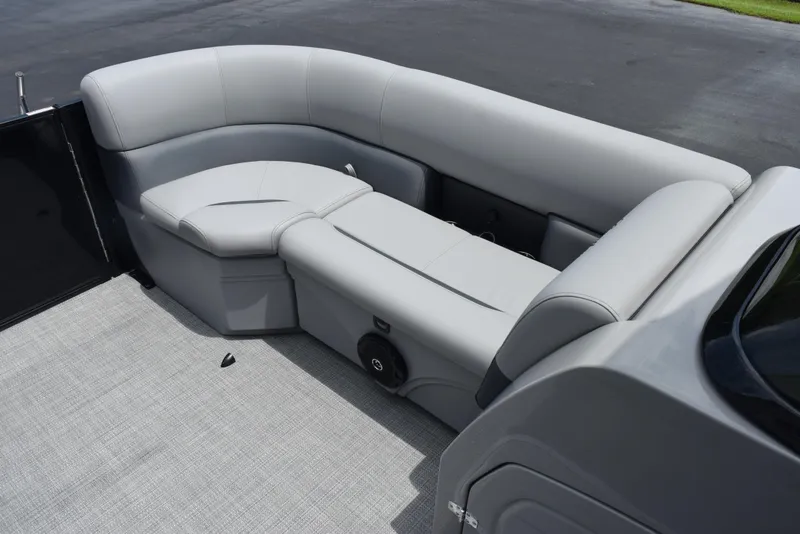 Slide: The Image of 2026 Bentley Pontoons Legacy 223 Navigator interior seating, featuring luxurious gray upholstery. - 14