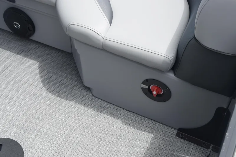 Slide: The Image of 2026 Bentley Pontoons Legacy 223 Navigator interior seating detail with gray upholstery. - 24