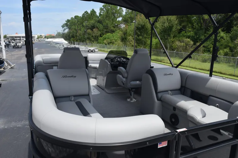 Slide: The Image of 2026 Bentley Pontoons Legacy 223 Navigator with luxurious seating and sleek design. - 8