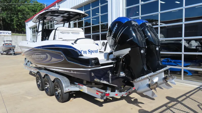 Slide: The Image of 2019 Sunsation 32 CCX boat with dual Mercury engines on a trailer. - 3