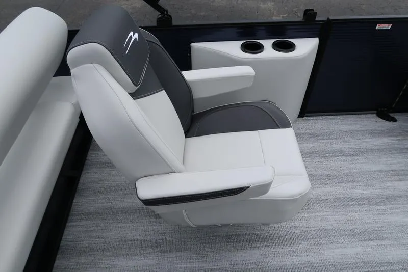 Slide: The Image of 2026 Bennington S Swingback 22 SSB boat seat with cup holders, featuring sleek white and gray design. - 22