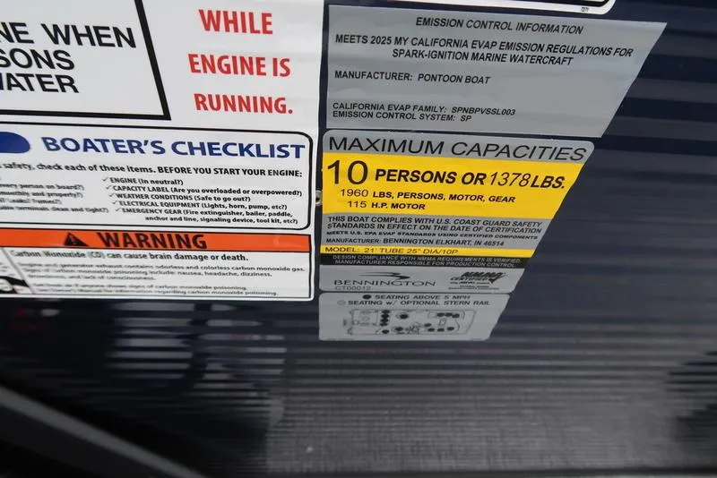 Slide: The Image of Bennington S Swingback 22 SSB 2026 capacity label: 10 persons, 1378 lbs, 115 HP motor. - 32